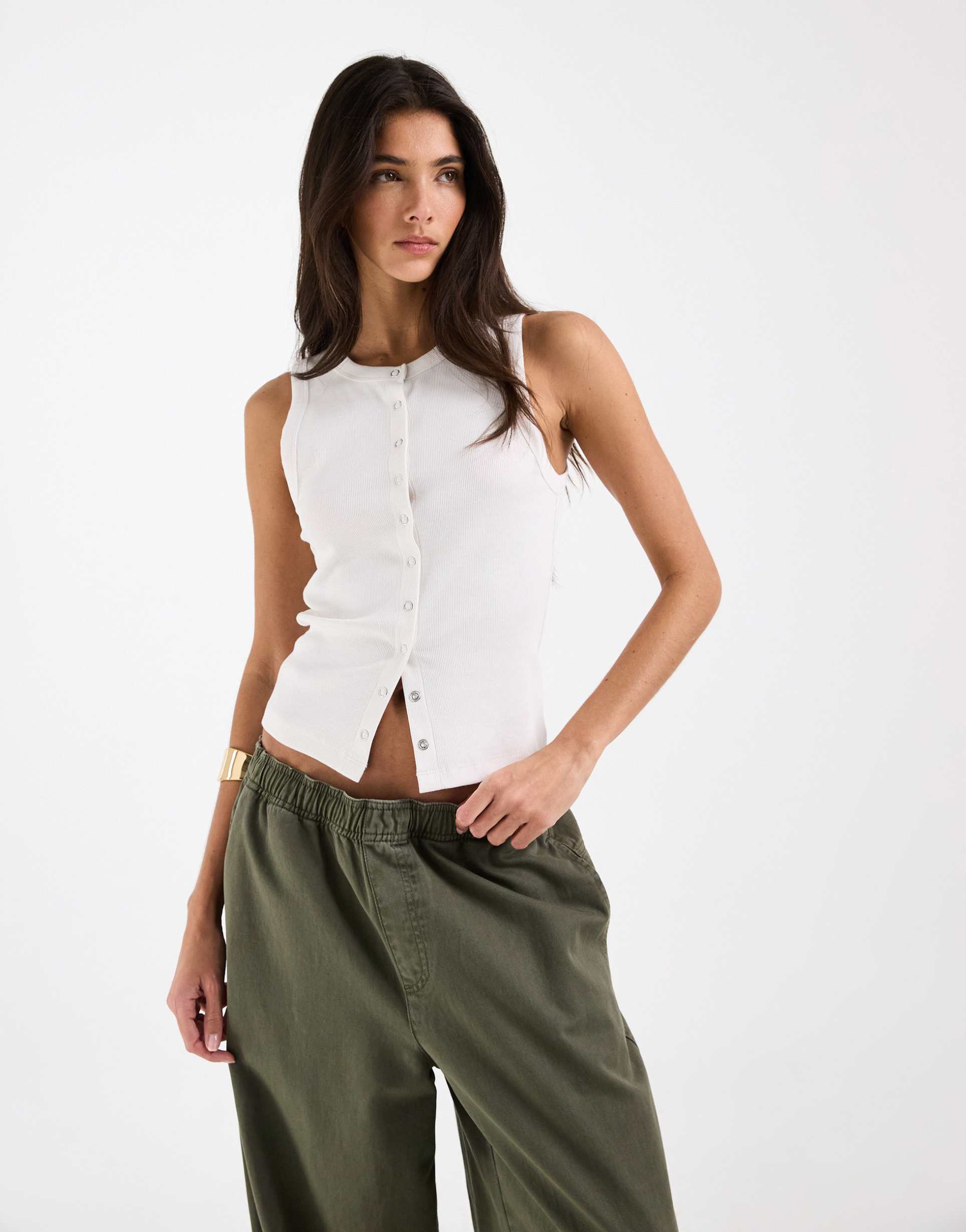 asos design ribbed snap detail tank top in white