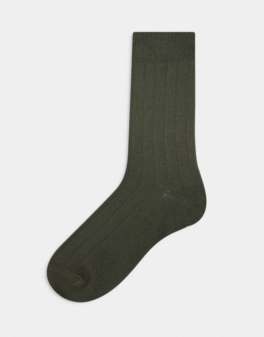 Asos Design Ribbed Sock In Khaki-green