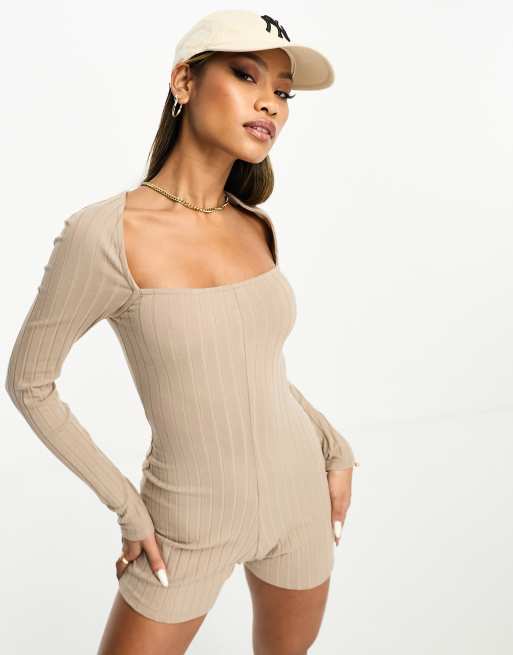 ASOS DESIGN ribbed square neck long sleeve unitard romper in stone