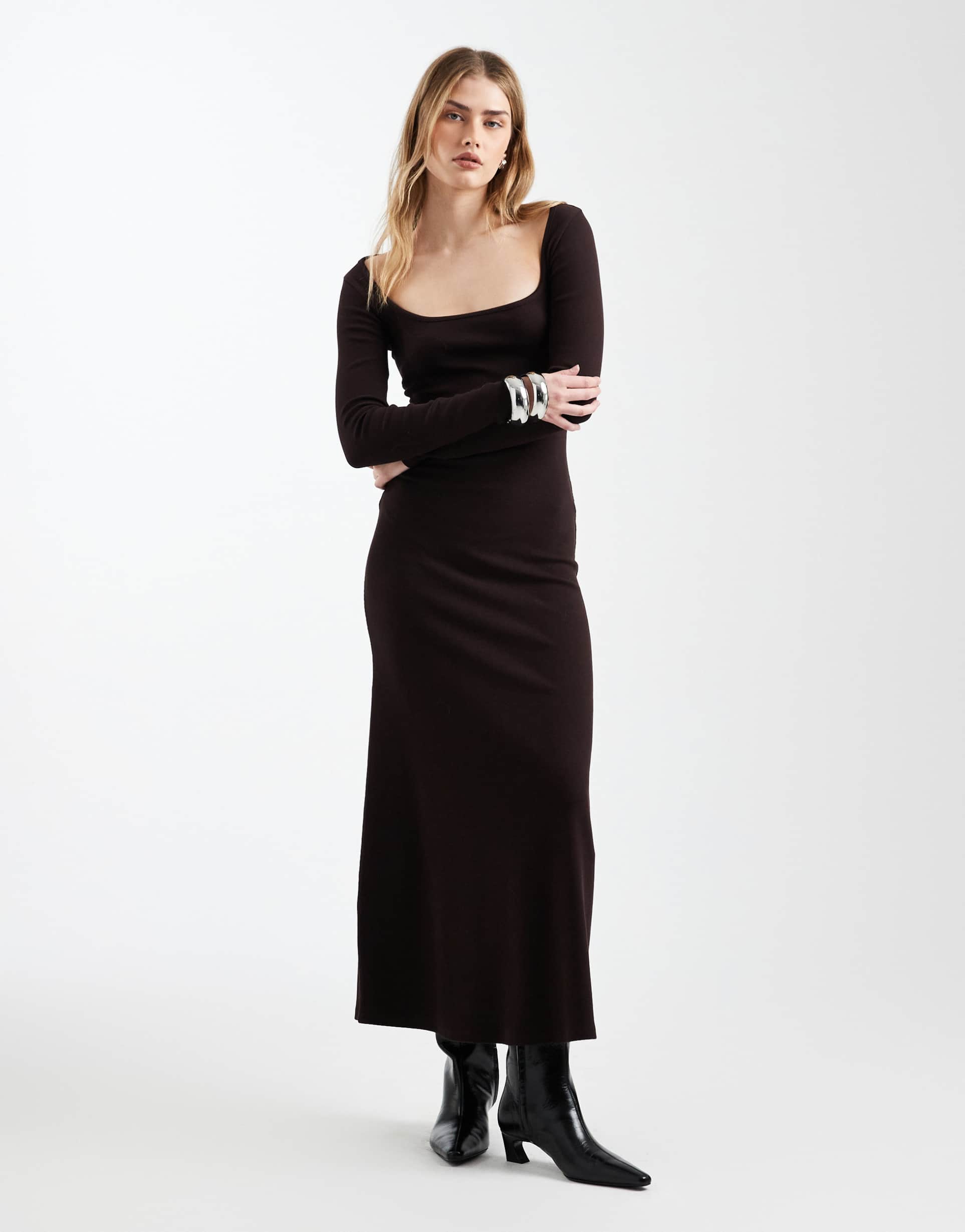 asos design ribbed square neck maxi dress in chocolate