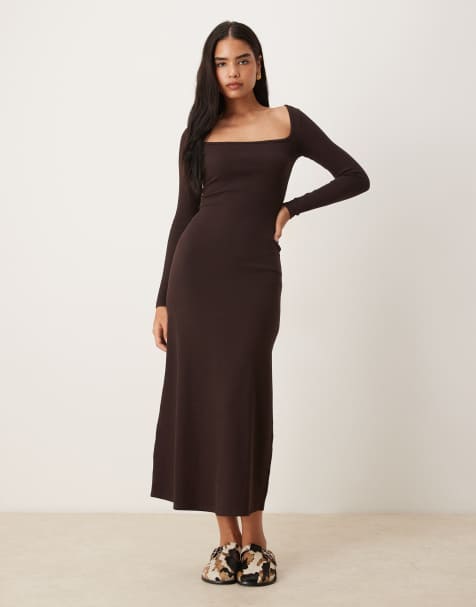 ASOS DESIGN ribbed square neck maxi dress in chocolate