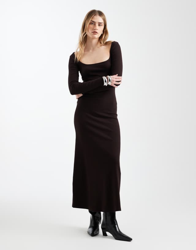 ASOS DESIGN ribbed square neck maxi dress in chocolate