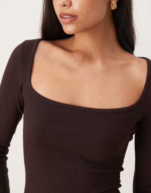 ASOS DESIGN ribbed square neck maxi dress in chocolate