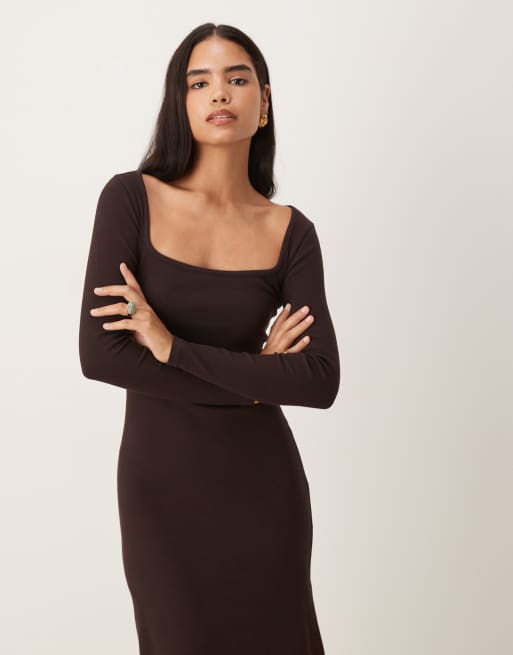 ASOS DESIGN ribbed square neck maxi dress in chocolate