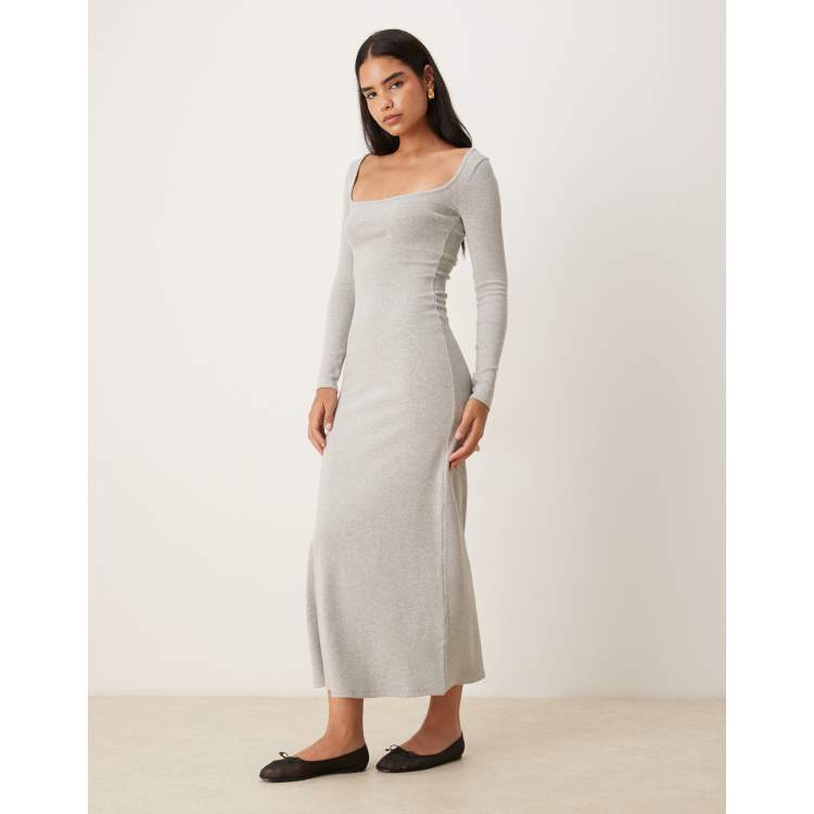 asos grey long dress ASOS Design High Neck Drop Waist Maxi Dress in gray
