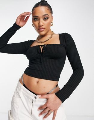 ASOS DESIGN ribbed square neck top with tie detail in black
