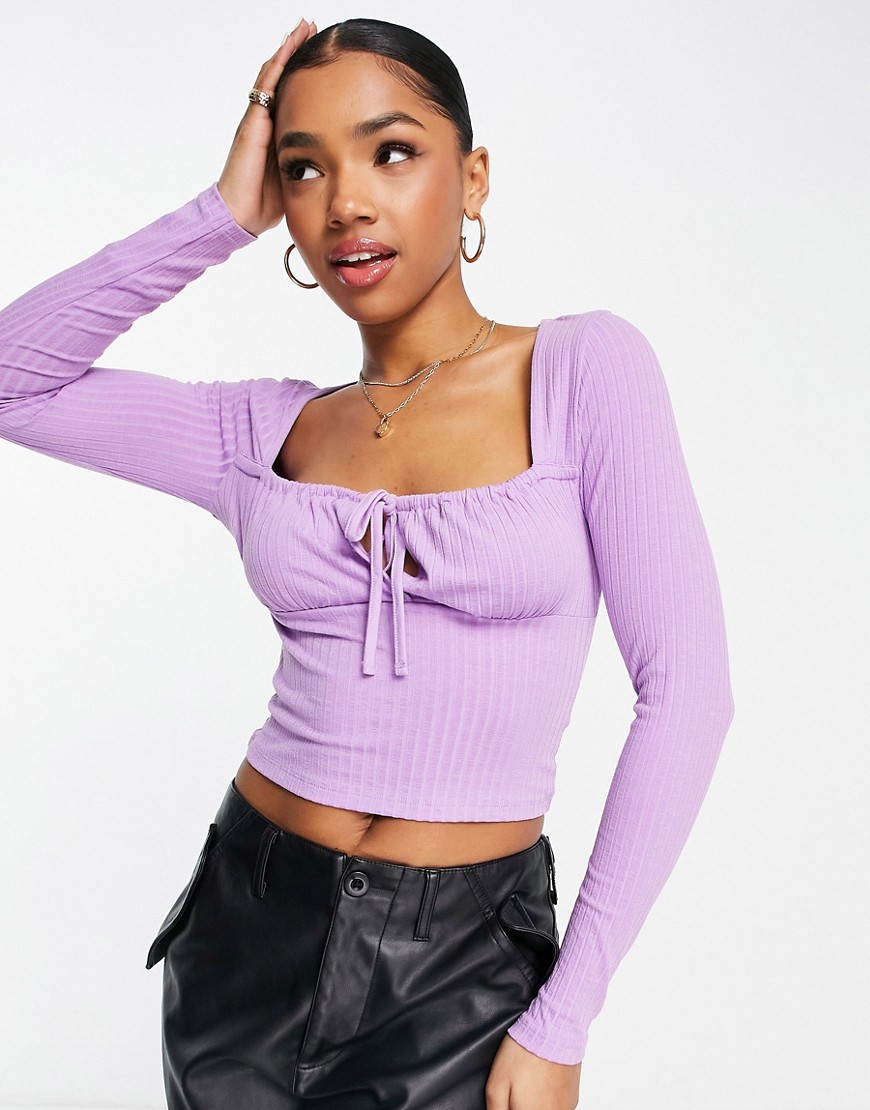ASOS DESIGN ribbed square neck top with tie detail in lilac-Purple