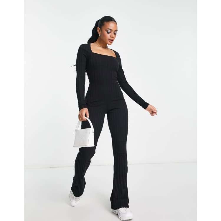 Black Ribbed High Neck Cycling Unitard Jumpsuit, Jumpsuit