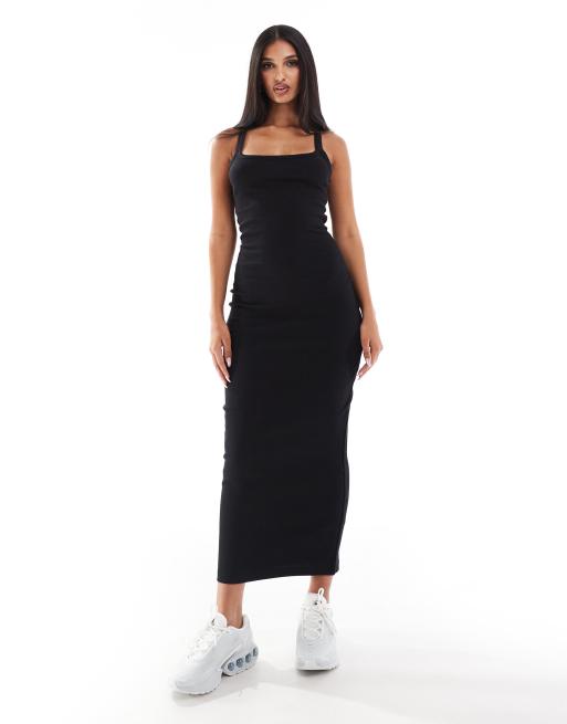  ASOS DESIGN ribbed strappy square neck midaxi dress in black