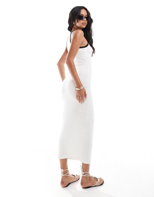 ASOS DESIGN ribbed strappy square neck midaxi dress in ivory with black contrast binding ASOS