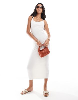 Asos Design Ribbed Strappy Square Neck Midaxi Dress In White