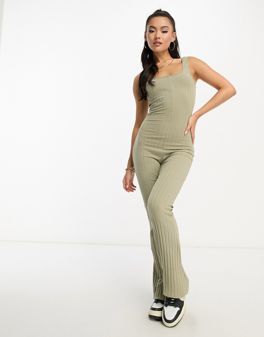 Asos Design Ribbed Strappy Unitard Jumpsuit In Washed Khaki-green