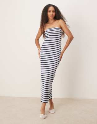 Asos Design Ribbed Stripe Bandeau Maxi Holiday Dress