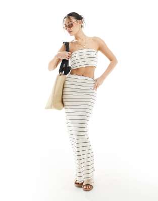 Asos Design Ribbed Striped Bandeau Top And Column Maxi Skirt Set In Mono Stripe-multi