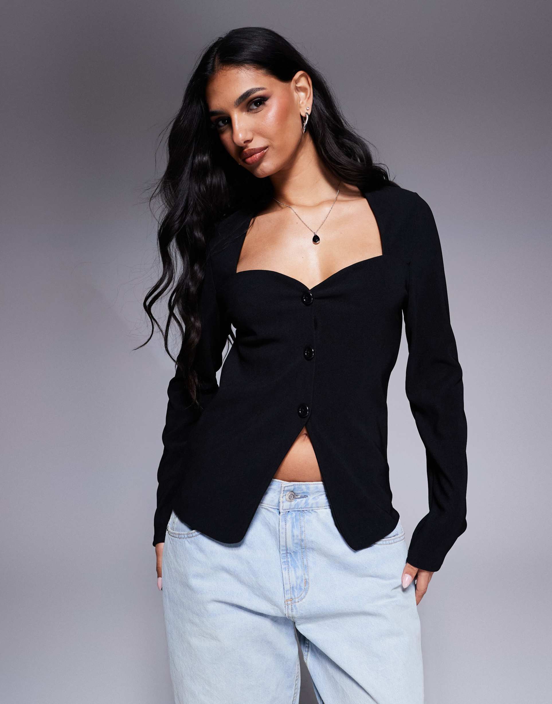 asos design ribbed structured sweetheart button through top in black