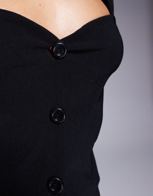 ASOS DESIGN ribbed structured sweetheart button through top in black
