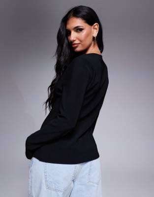 ASOS DESIGN ribbed structured sweetheart button through top in black