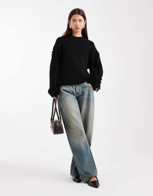 Asos Design Ribbed Sweater With Fringe Sleeve Trim In Black