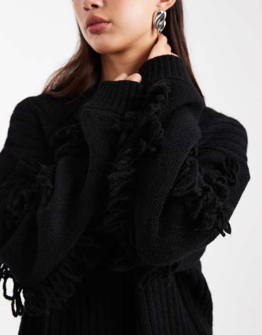 ASOS DESIGN ribbed sweater with fringe sleeve trim in black