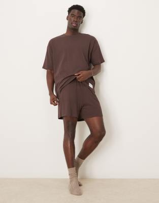 ribbed T-shirt and shorts lounge set with embroidered patch in brown