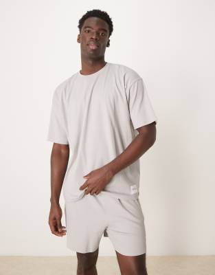 ribbed T-shirt and shorts lounge set with embroidered patch in gray-White