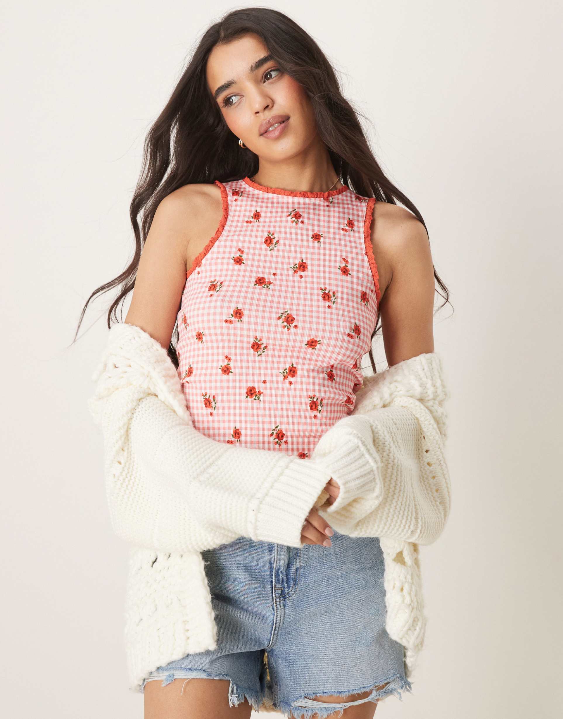 asos design ribbed tank in red floral gingham print