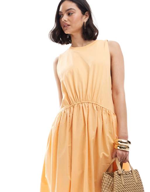 ASOS DESIGN ribbed tank maxi dress with poplin broderie hem skirt in orange  | ASOS
