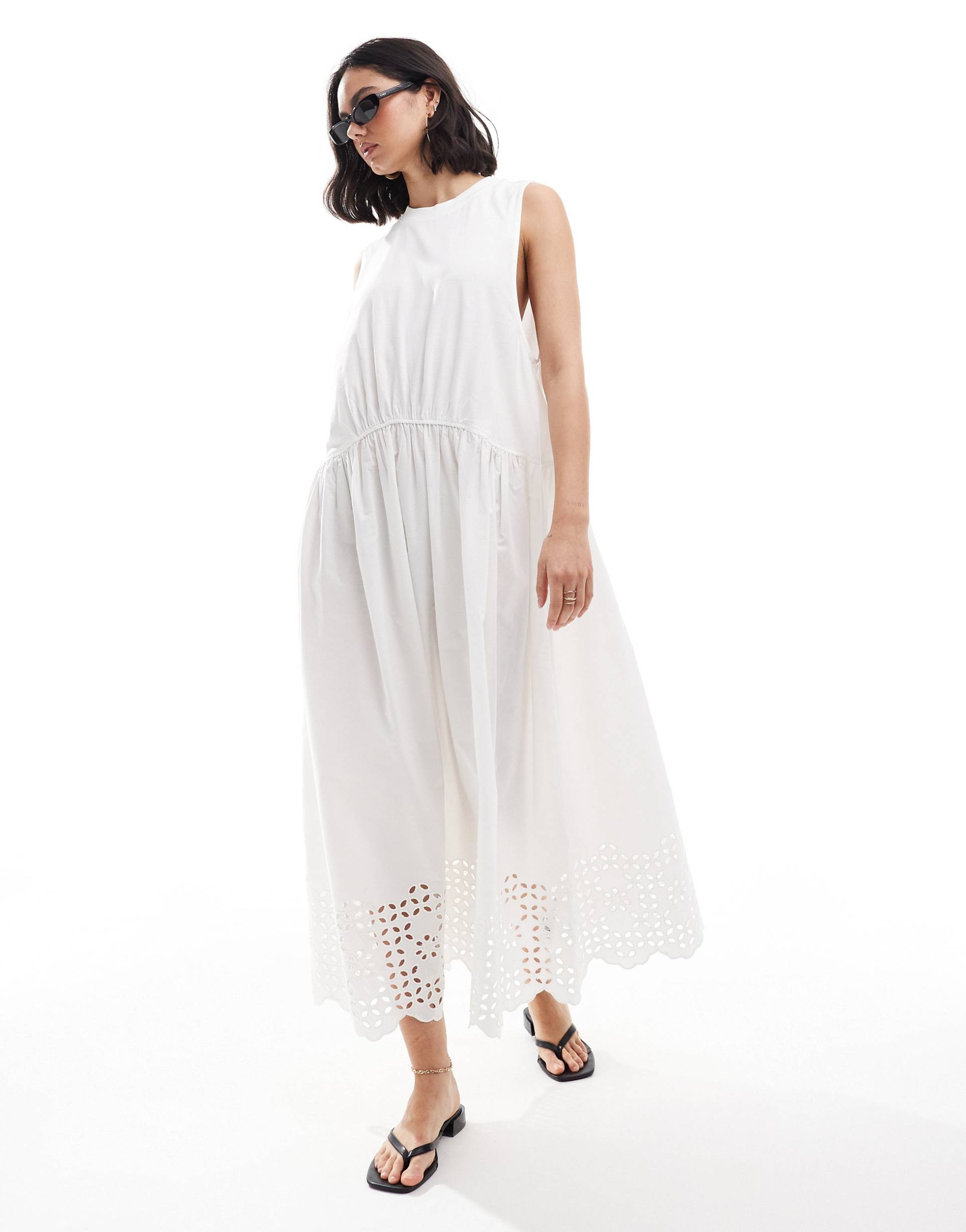 asos design ribbed tank maxi dress with poplin broderie hem skirt in white