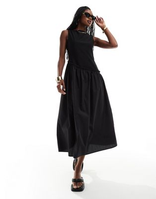ASOS DESIGN ribbed tank maxi dress with poplin skirt and asymeticatic waist seam in black