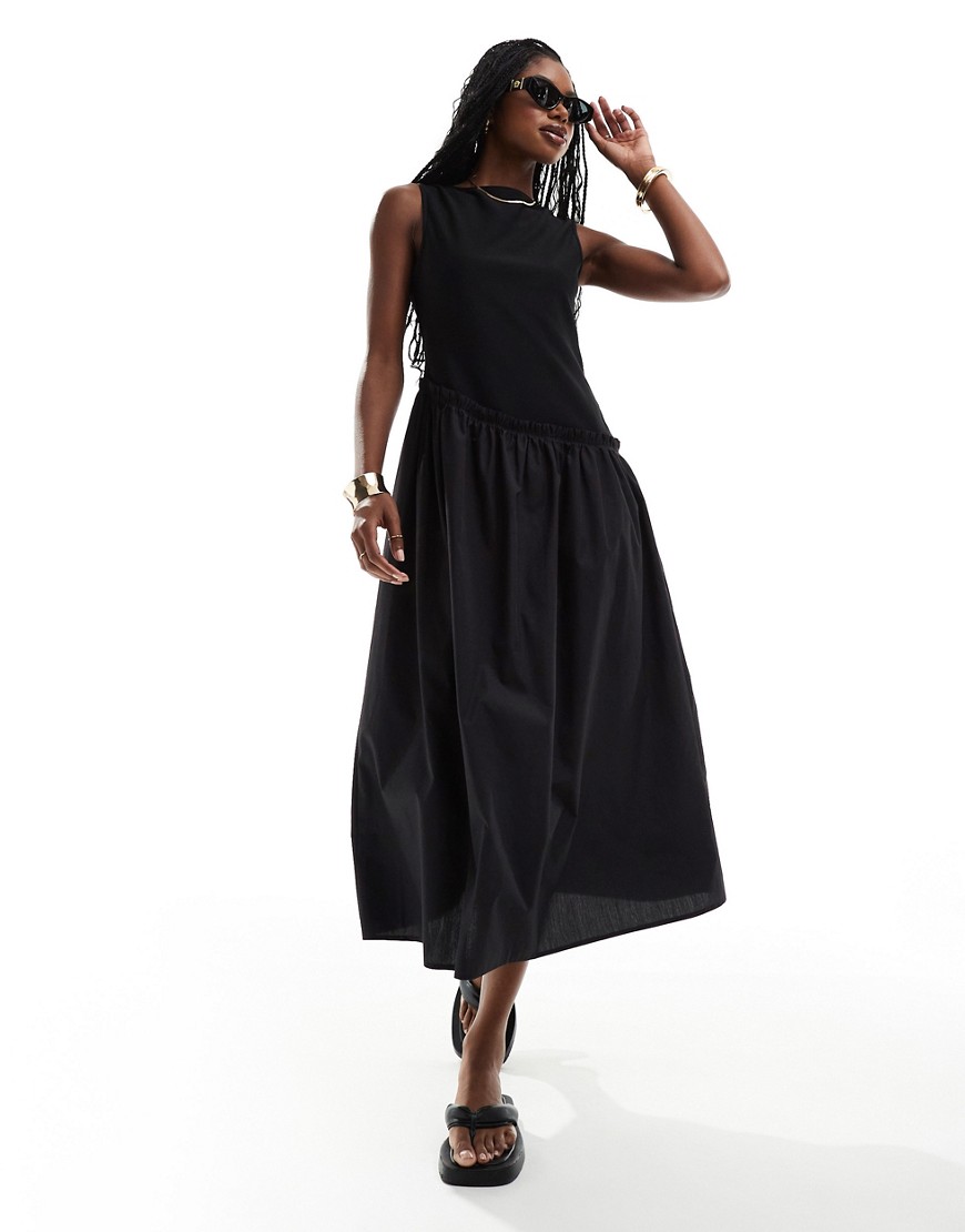 ASOS DESIGN ribbed tank maxi dress with poplin skirt and asymeticatic waist seam in black