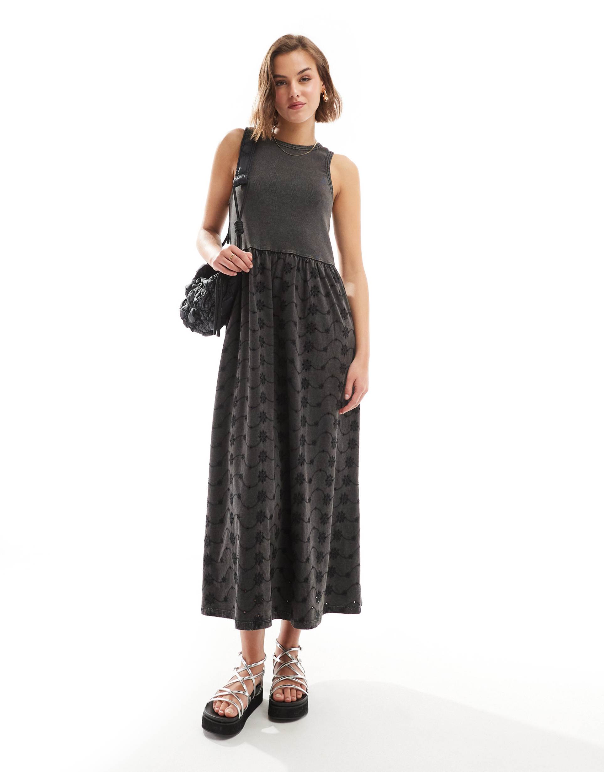 asos design ribbed tank midi dress with broderie skirt in charcoal gray