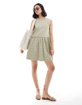 ASOS DESIGN ribbed tank mini dress with broderie skirt in sage green