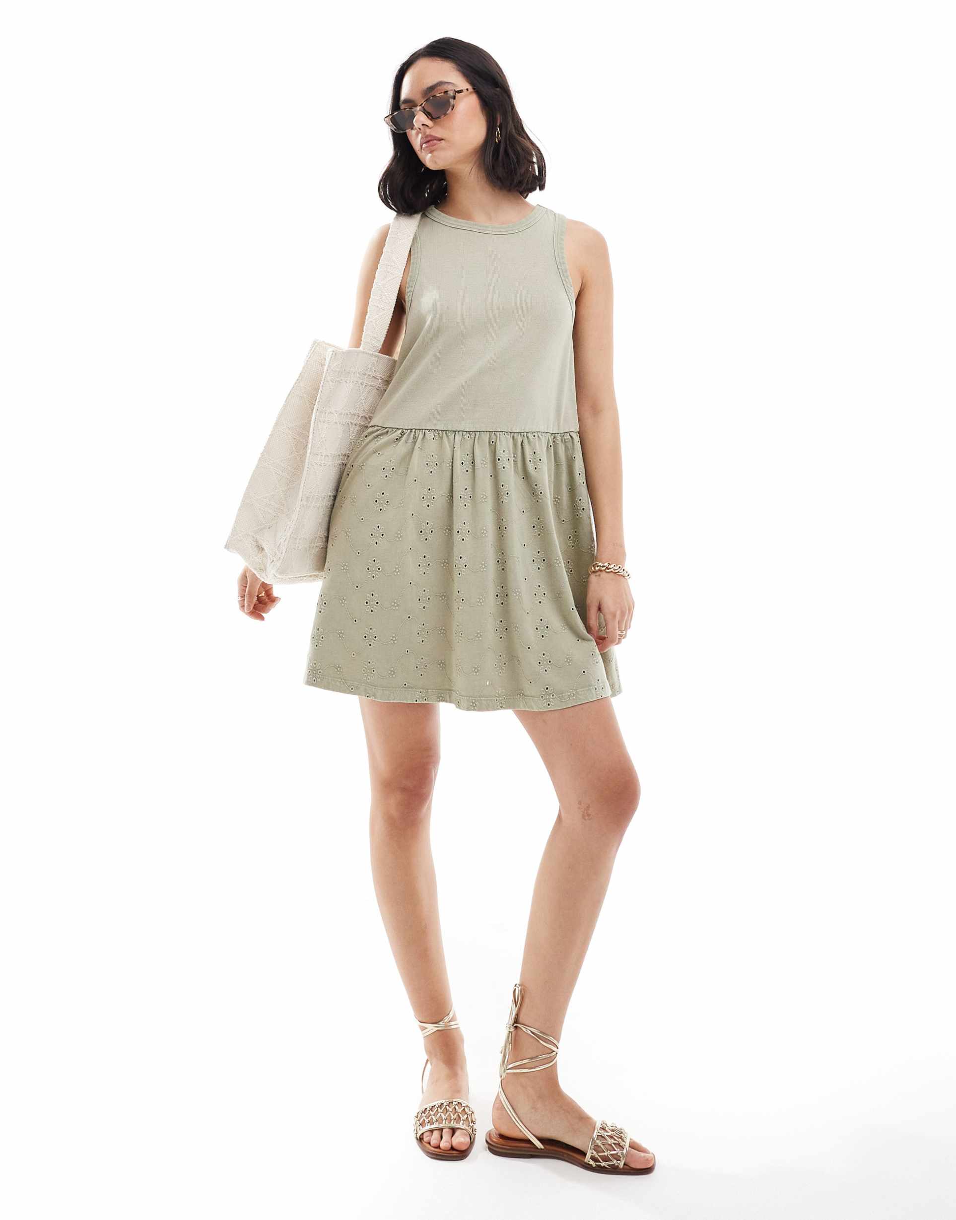 asos design ribbed tank mini dress with eyelet skirt in sage green