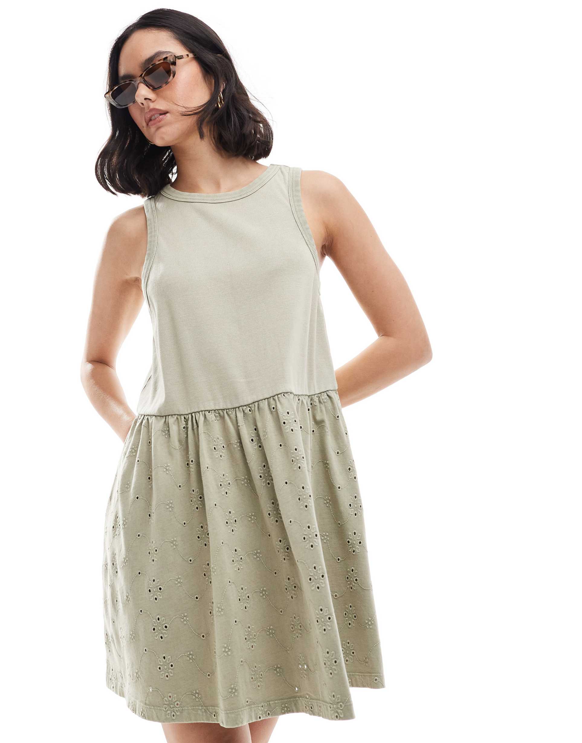 asos design ribbed tank mini dress with eyelet skirt in sage green