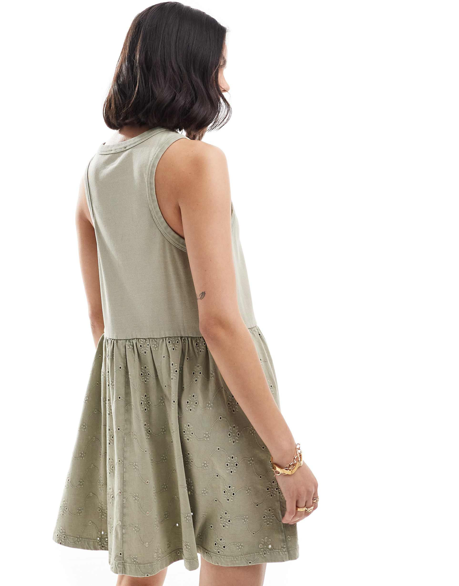 asos design ribbed tank mini dress with eyelet skirt in sage green