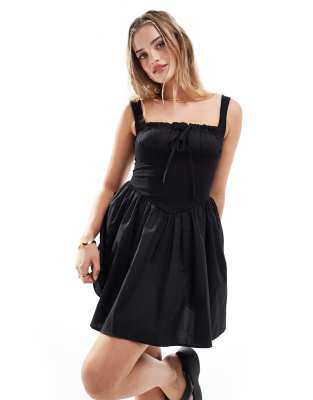 Asos Design Ribbed Tank Mini Dress With Poplin Skirt In Black