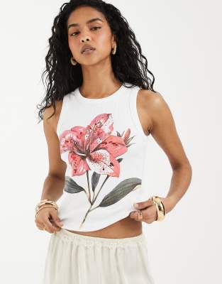 Asos Design Ribbed Tank Top With Embellished Flower Graphic In White