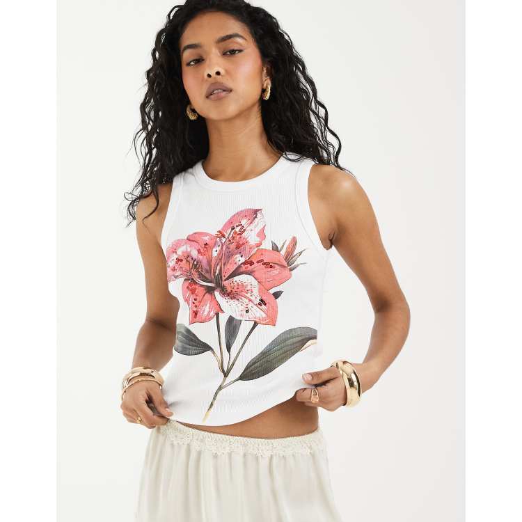 ASOS DESIGN ribbed tank top with embellished flower graphic in