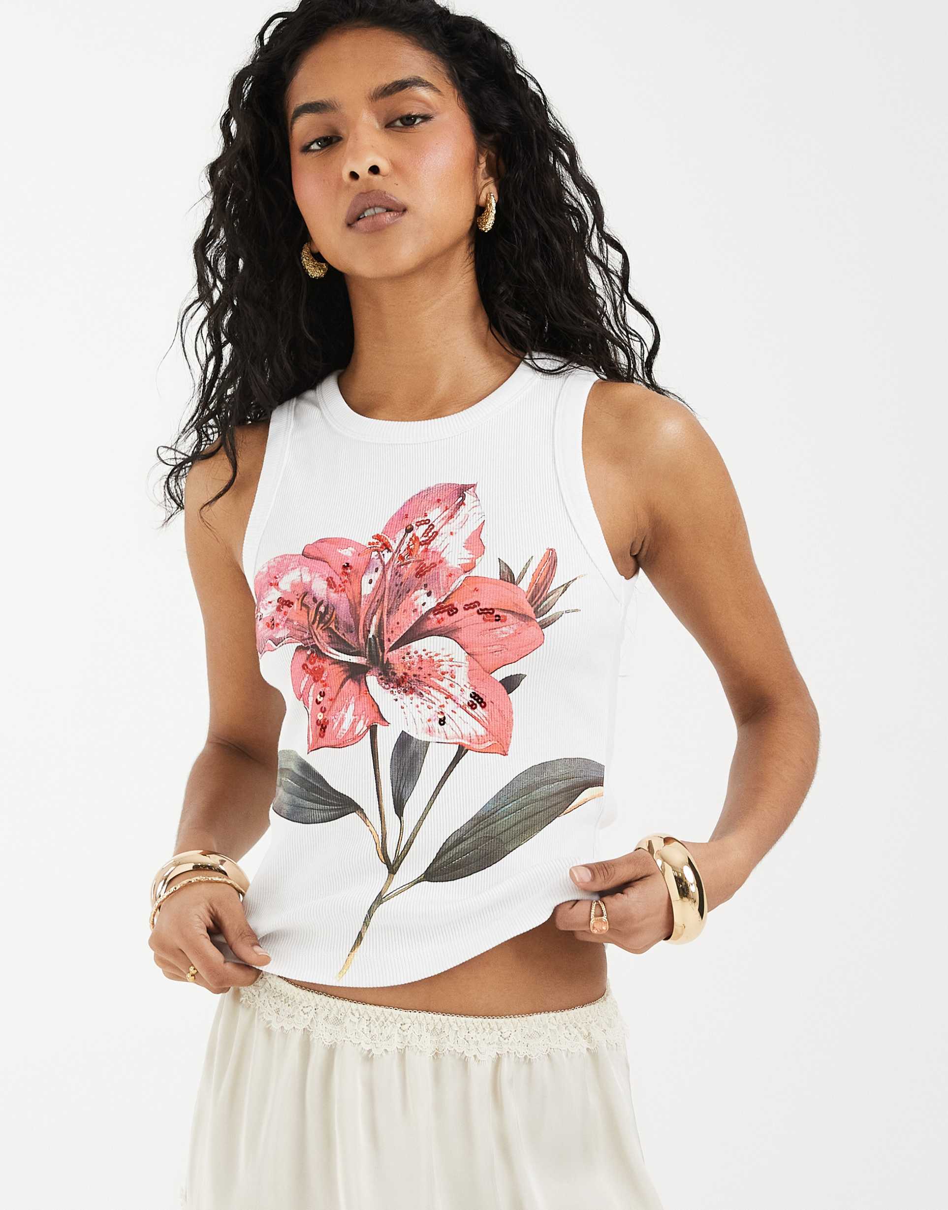 asos design ribbed tank top with embellished flower graphic in white