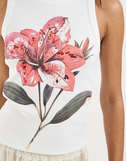 ASOS DESIGN ribbed tank top with embellished flower graphic in white, 4 of 4