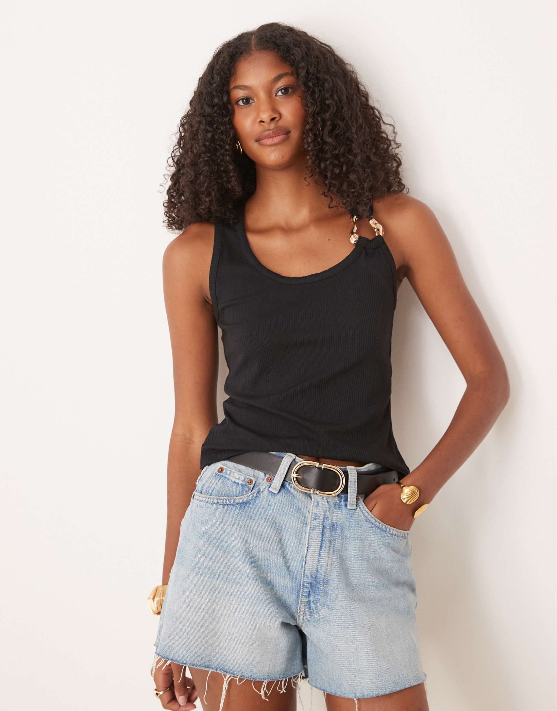 asos design ribbed tank top with gold hardware detail in black