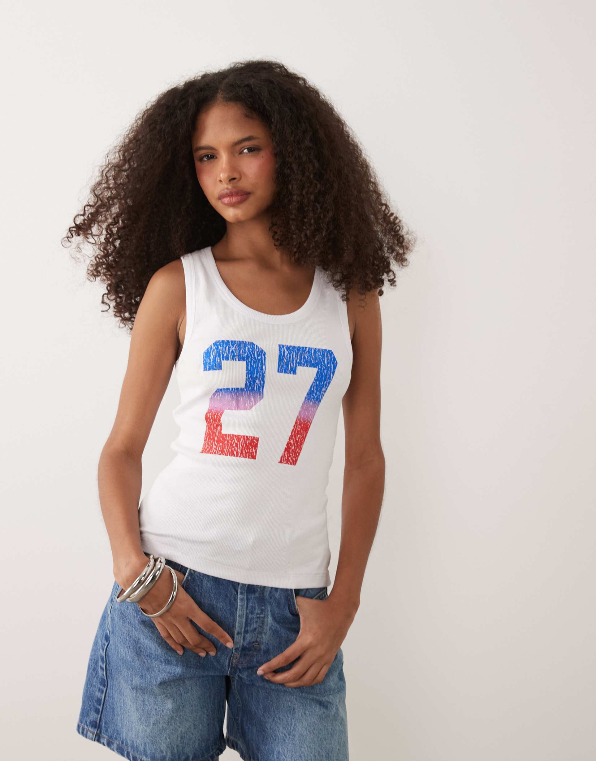 asos design ribbed tank top with ombre varsity 27 graphic in white