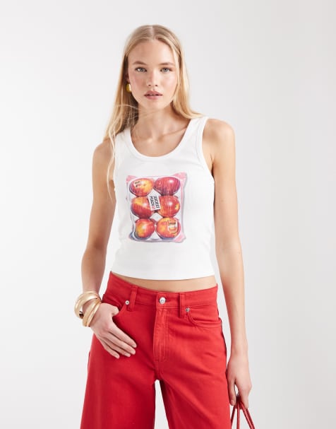 ASOS DESIGN Ribbed tank top with peaches graphic in white - view 1