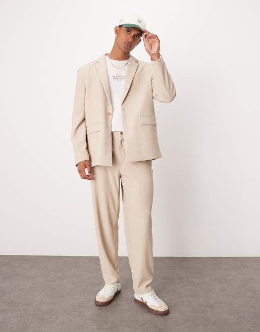 ASOS DESIGN ribbed texture slouchy suit in stone