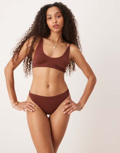 ASOS DESIGN ribbed thong in chocolate - view 1