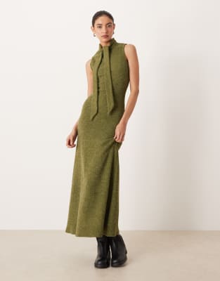Asos Design Ribbed Tie Neck Dress In Green