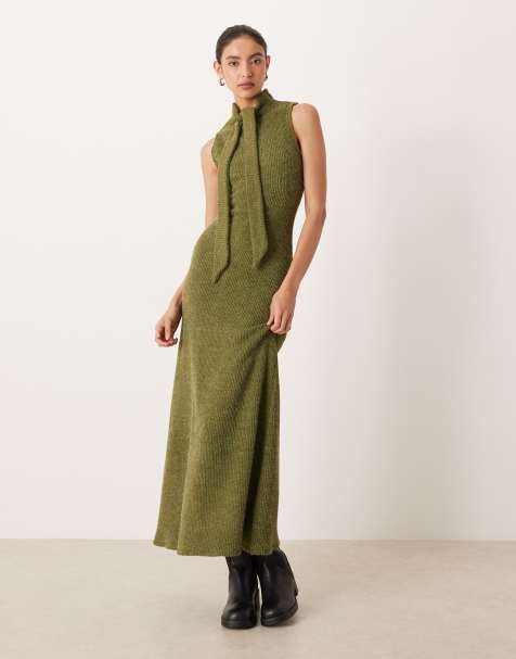 ASOS DESIGN ribbed tie neck dress in olive - view 1