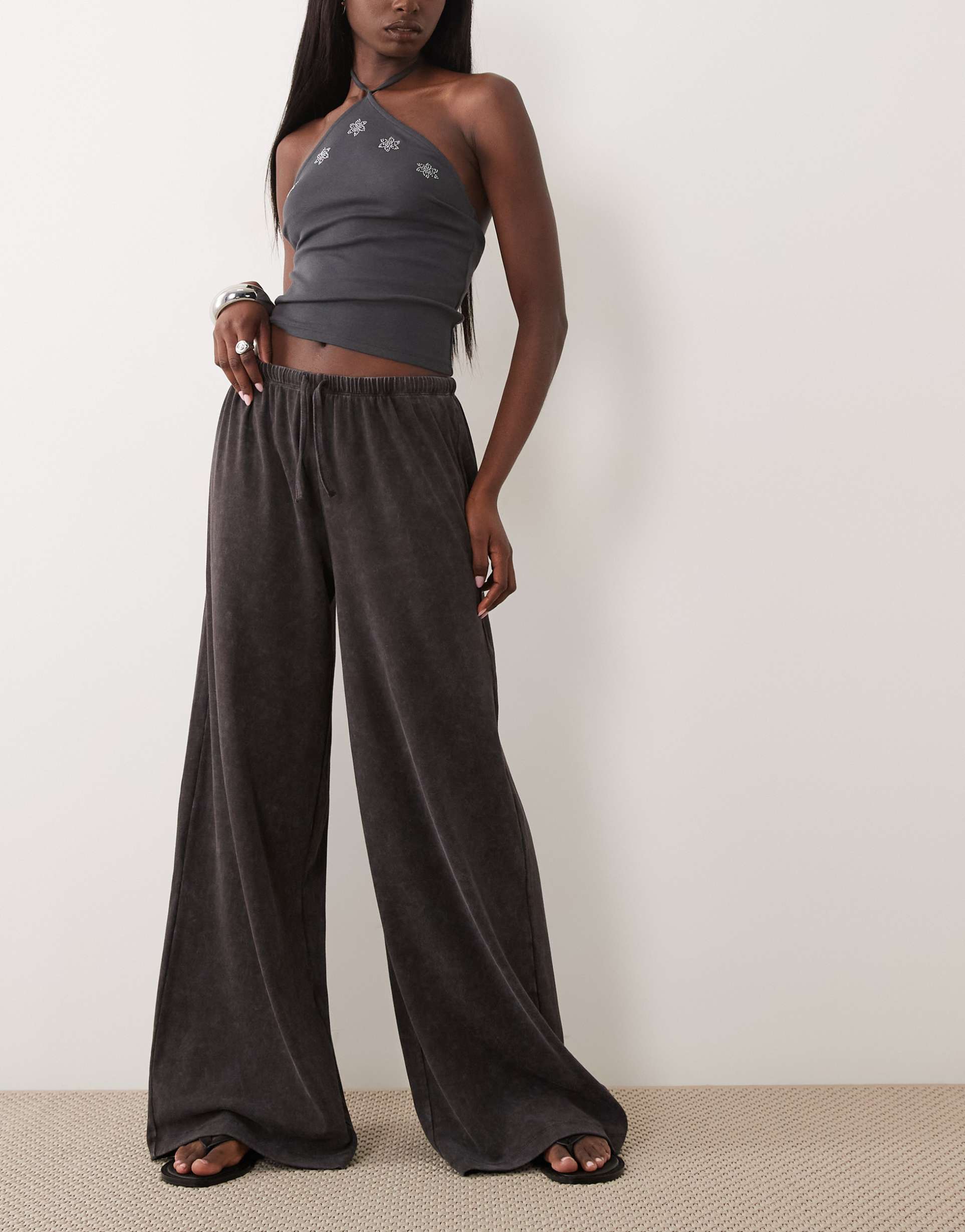 asos design ribbed tie waist pants in washed brown - part of a set