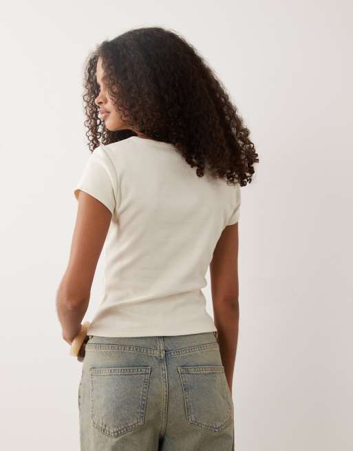 ASOS DESIGN ribbed top with ruched detail at neckline in ecru, 3 of 4
