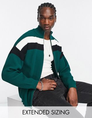 ASOS DESIGN ribbed track jacket with stripe in forest green - ASOS Price Checker